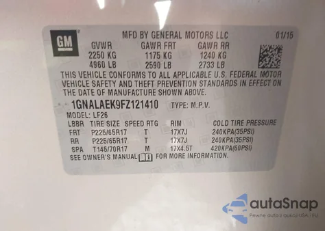 2015 Chevrolet Equinox Ls z USA, uszkodzony, nr VIN 1GNALAEK9FZ121410